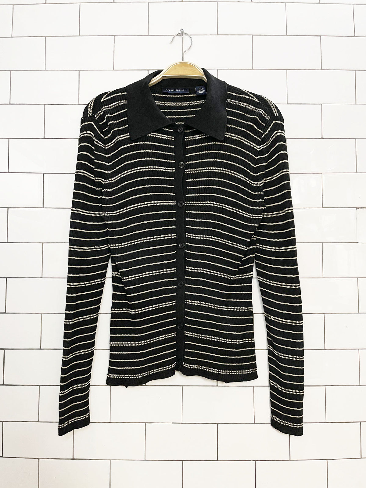 vintage 00s anne klein II silk-blend knit stripe full button collared shirt