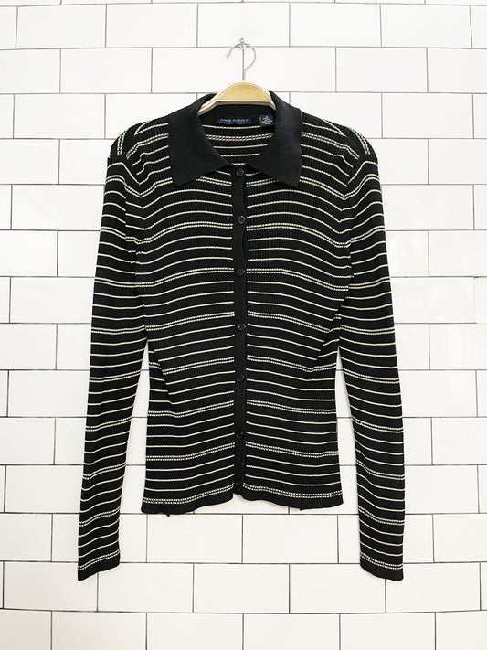 vintage 00s anne klein II silk-blend knit stripe full button collared shirt