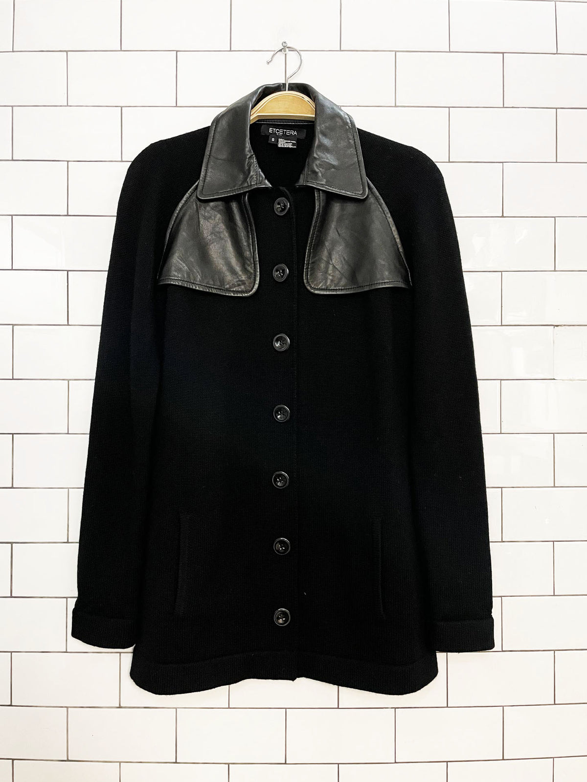 etcetera 100% merino wool + lamb leather knit cardigan jacket