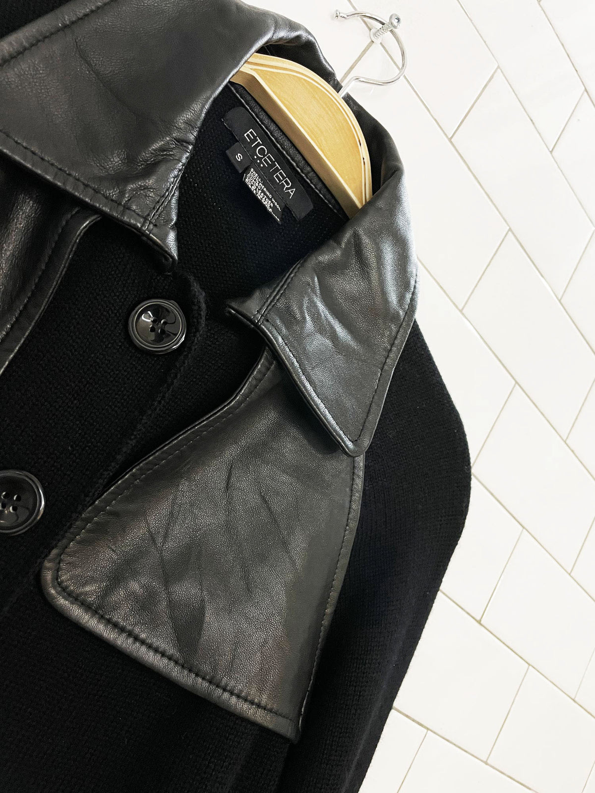 etcetera 100% merino wool + lamb leather knit cardigan jacket