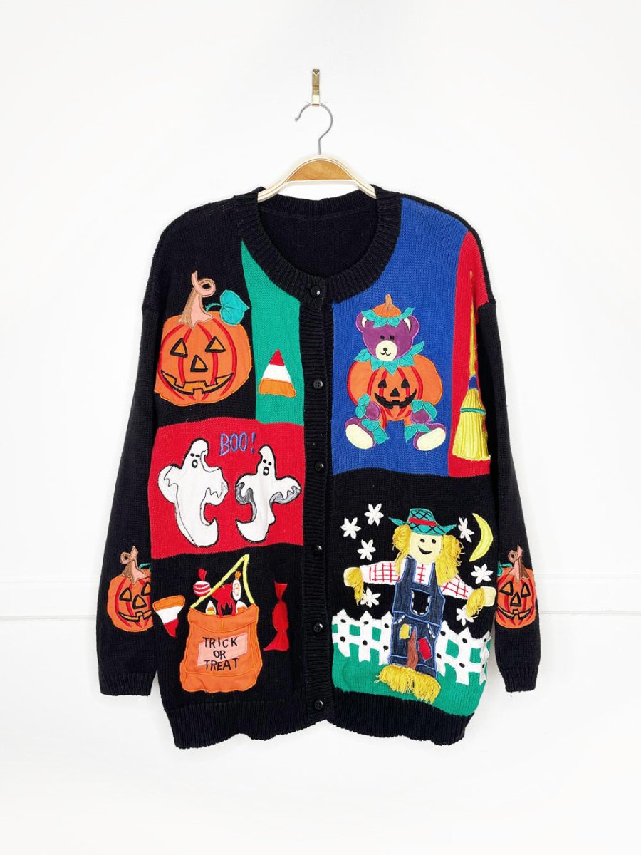 vintage 00s patchwork halloween trick or treat pumpkin knit cardigan - good market thrift store