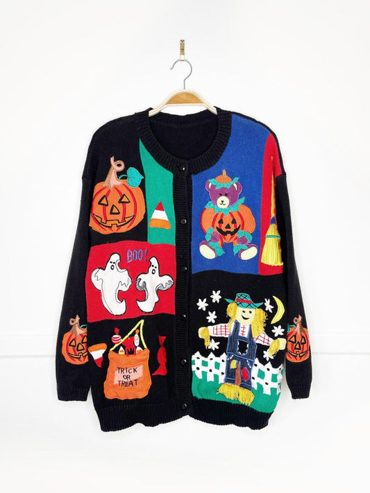vintage 00s patchwork halloween trick or treat pumpkin knit cardigan - good market thrift store