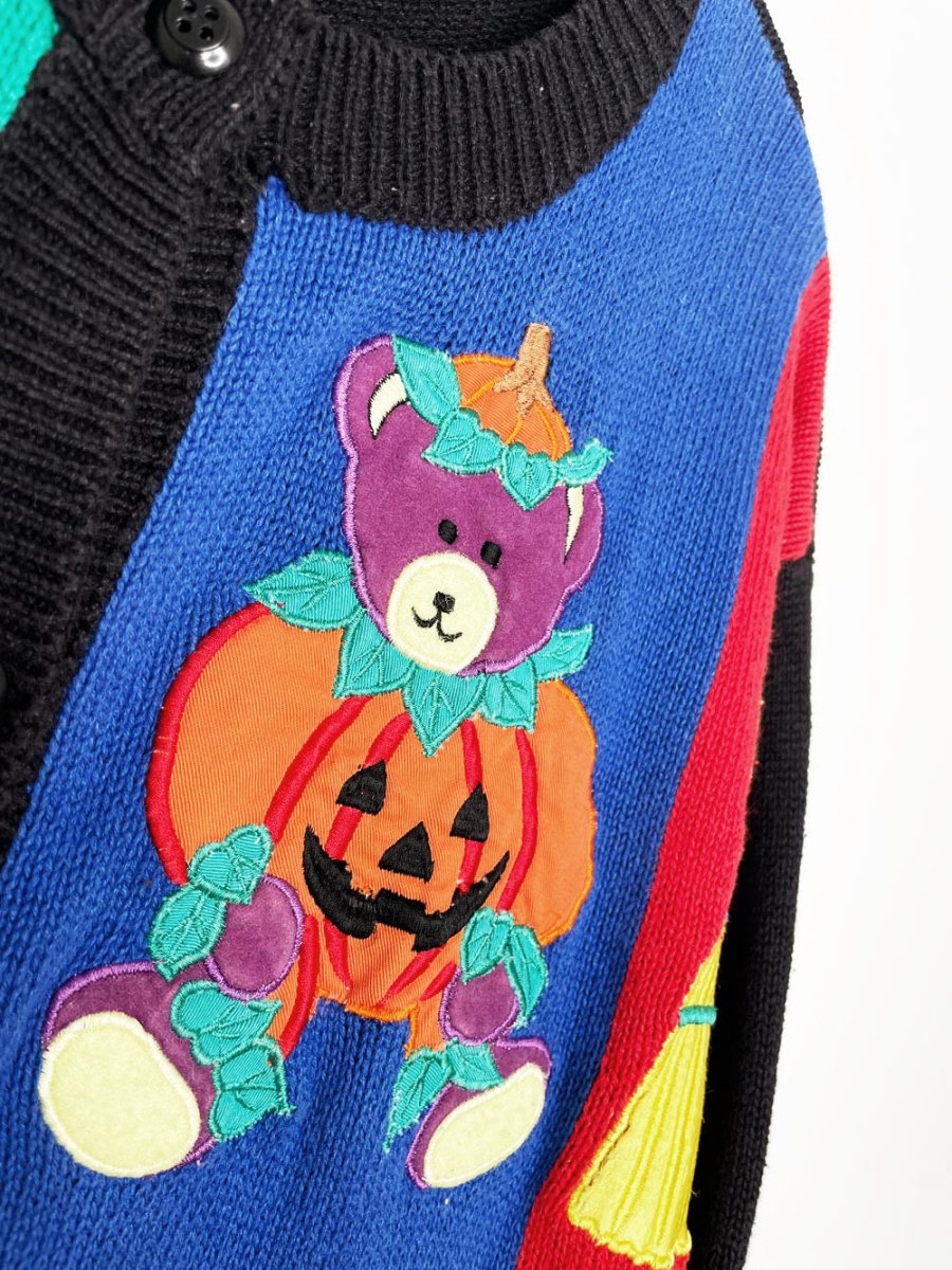vintage 00s patchwork halloween trick or treat pumpkin knit cardigan - good market thrift store