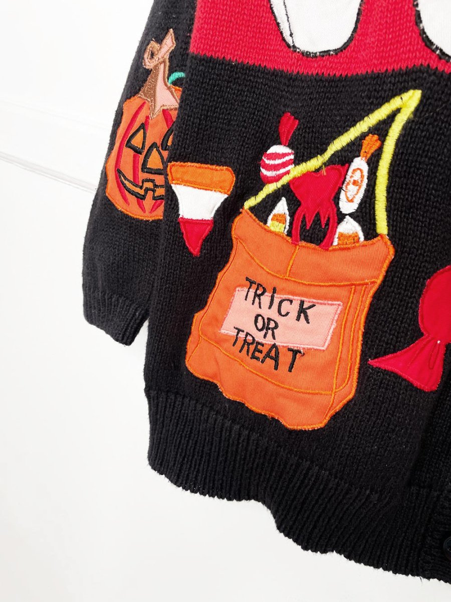 vintage 00s patchwork halloween trick or treat pumpkin knit cardigan - good market thrift store