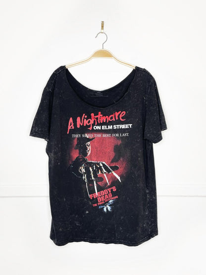 a nightmare on elm street off shoulder acid wash graphic tee | halloween - good market thrift store