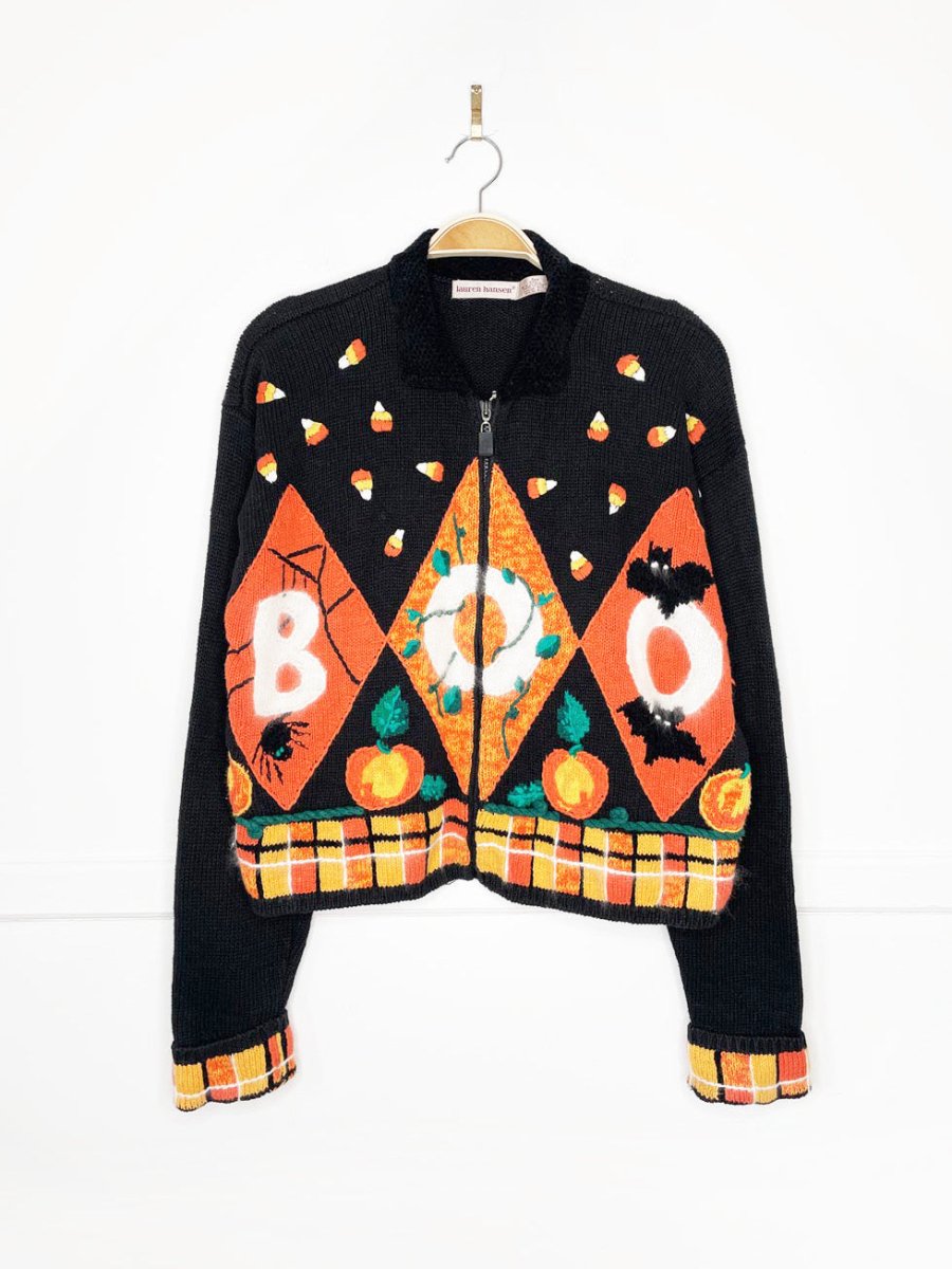 vintage 90s lauren hansen ramie - cotton argyle "BOO" knit cardigan | halloween - good market thrift store