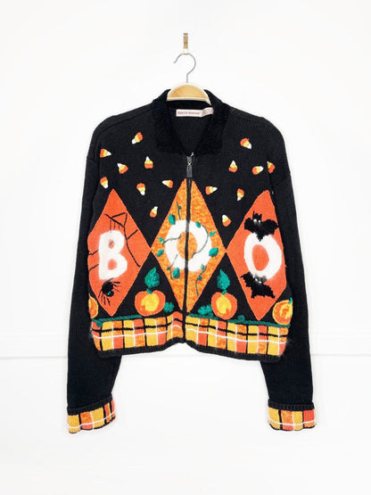 vintage 90s lauren hansen ramie - cotton argyle "BOO" knit cardigan | halloween - good market thrift store