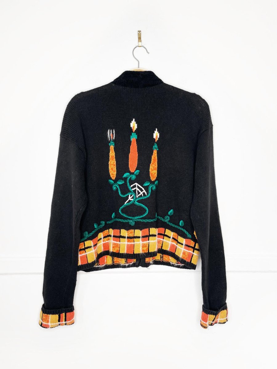 vintage 90s lauren hansen ramie - cotton argyle "BOO" knit cardigan | halloween - good market thrift store