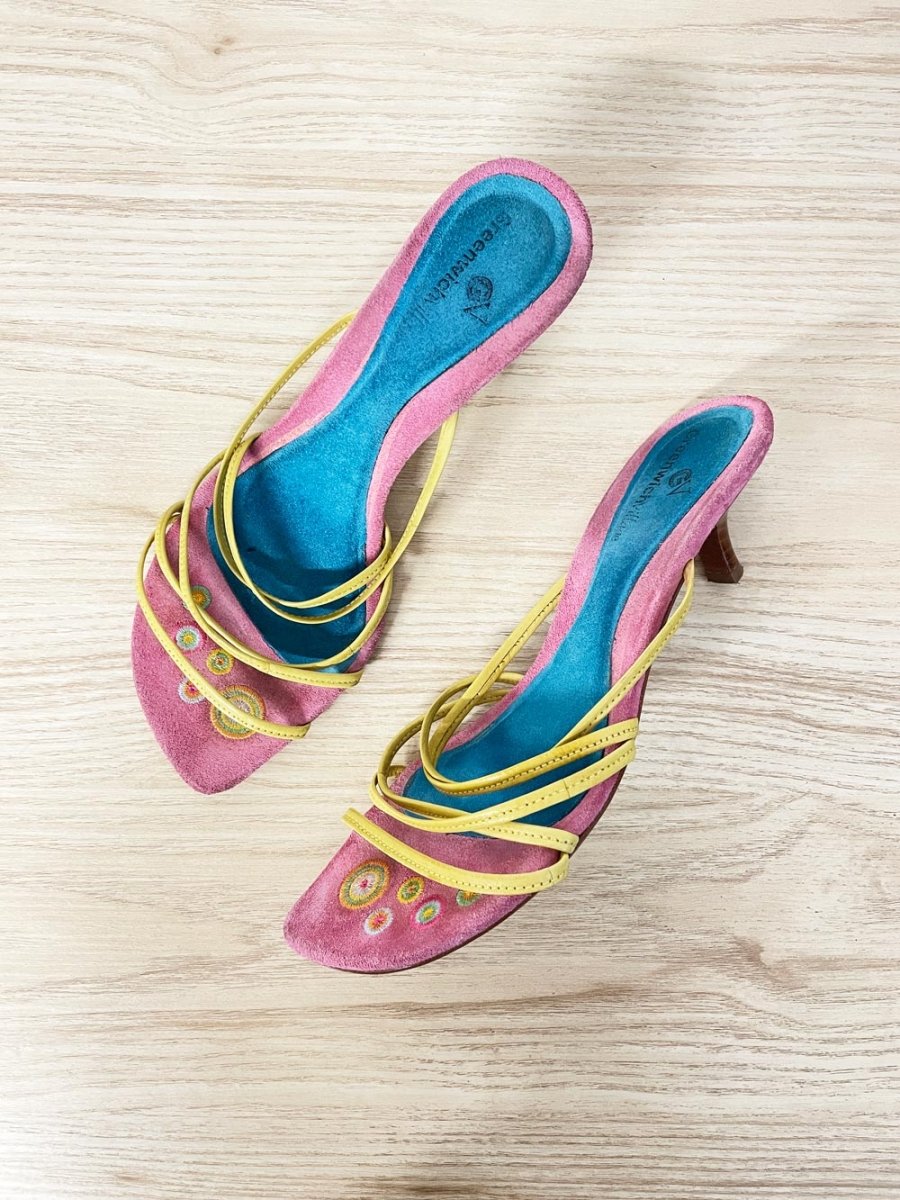 y2k greenwich village suede strappy kitten heel sandal - good market thrift store