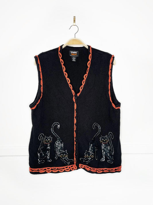 vintage studio treat ramie - cotton sequin black cat vest | halloween | designers originals - good market thrift store