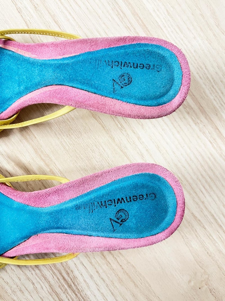 y2k greenwich village suede strappy kitten heel sandal - good market thrift store