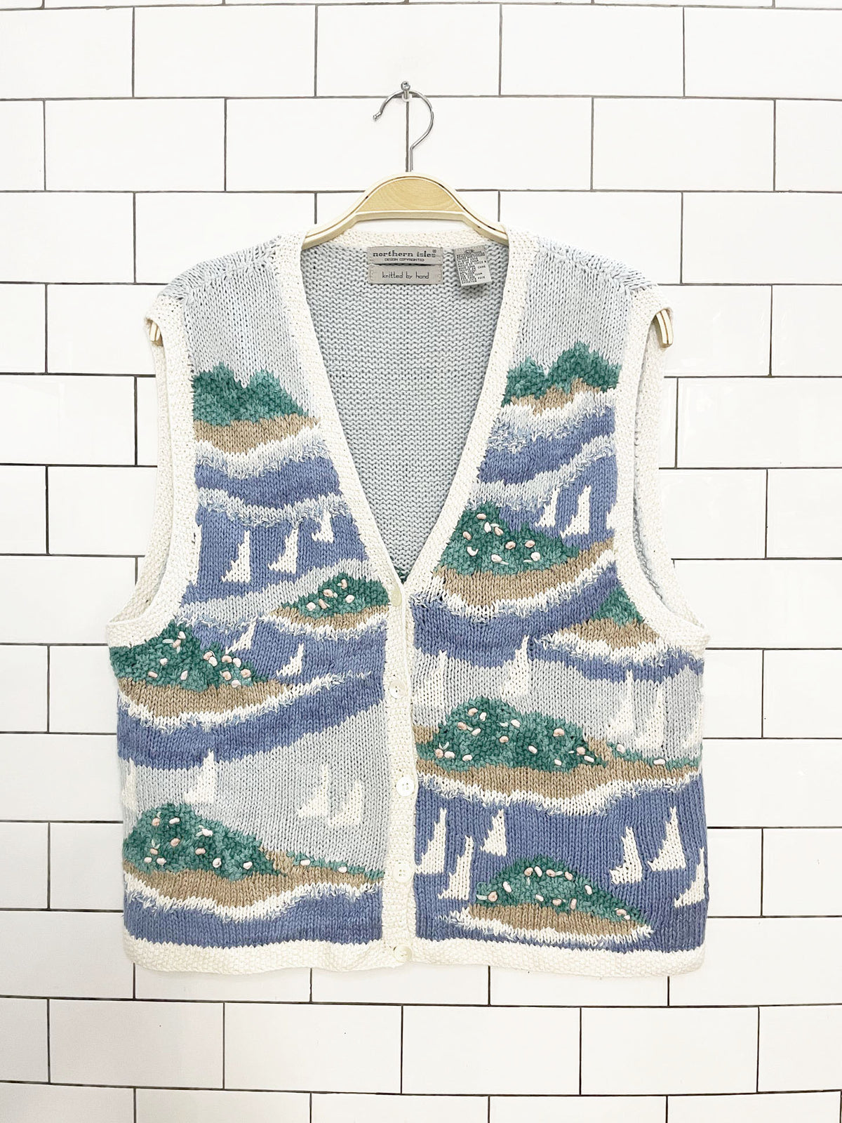 vintage northern isles ramie-blend hand-knit sailboat lighthouse vest
