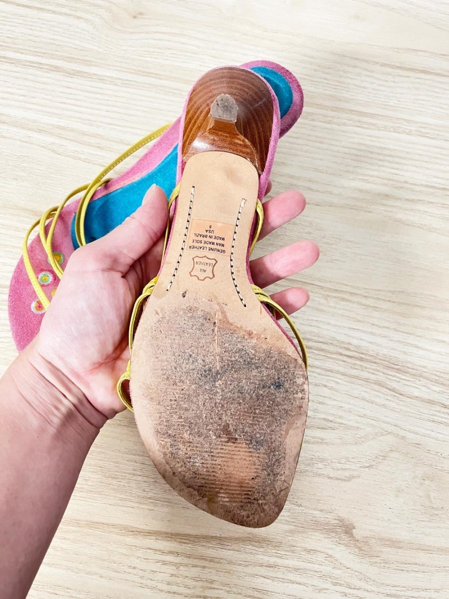 y2k greenwich village suede strappy kitten heel sandal - good market thrift store