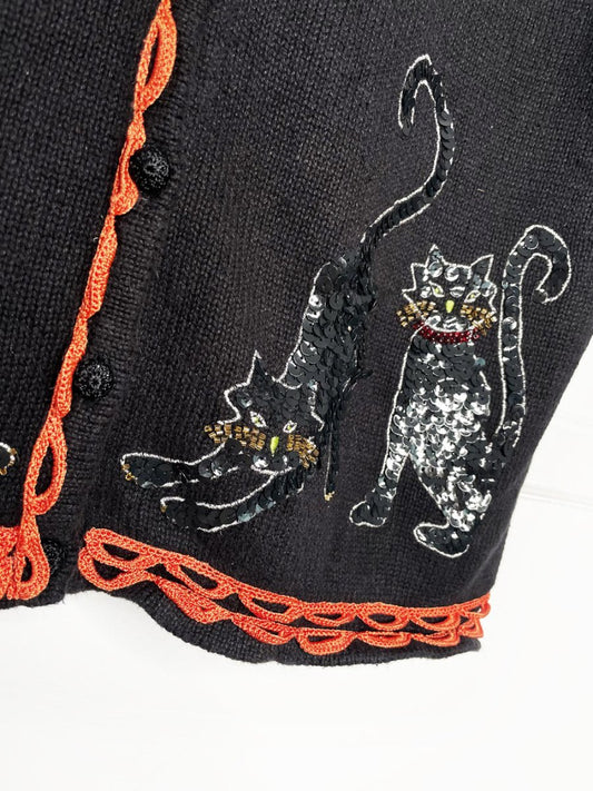 vintage studio treat ramie - cotton sequin black cat vest | halloween | designers originals - good market thrift store