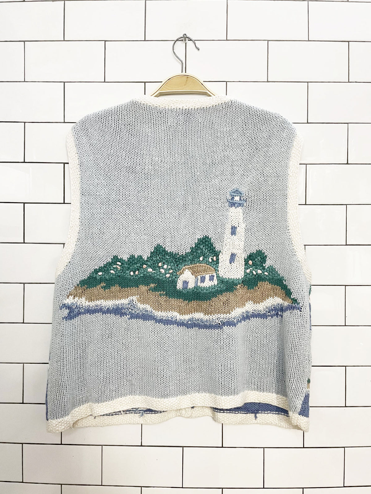 vintage northern isles ramie-blend hand-knit sailboat lighthouse vest