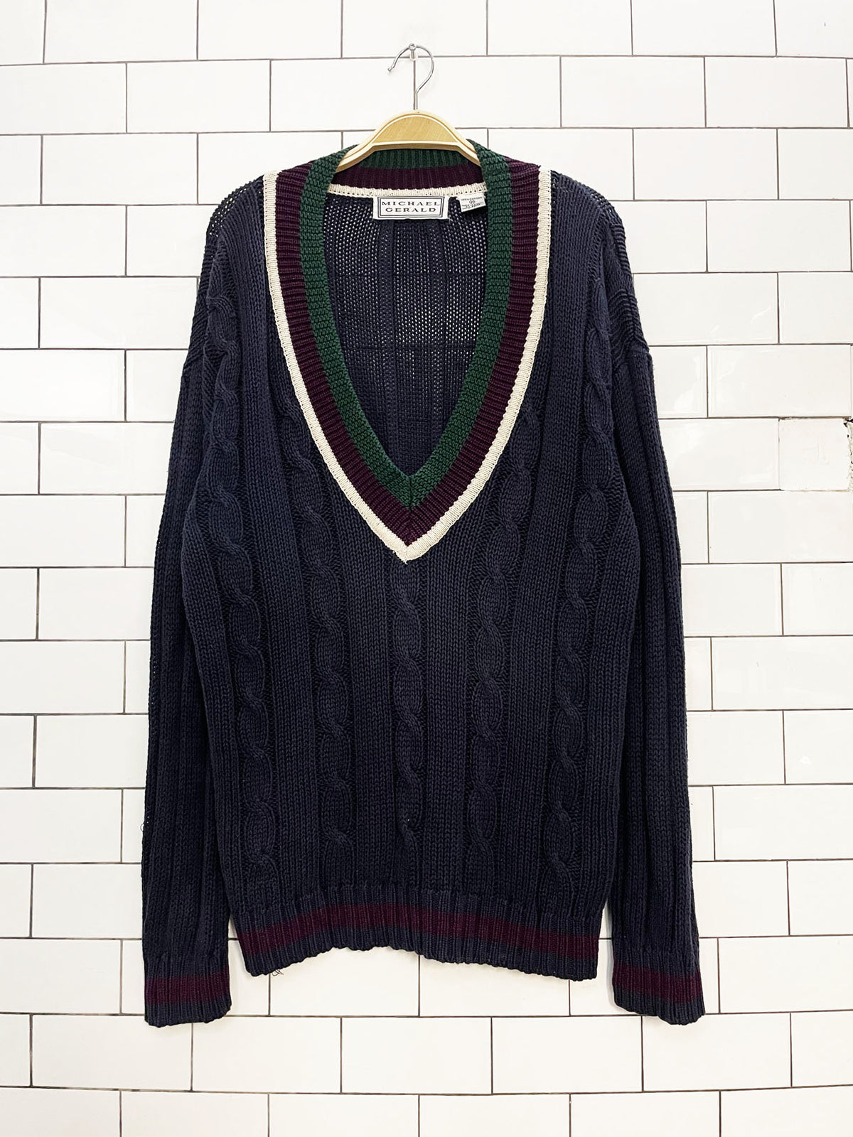 vintage michael gerald cable knit tennis prep v-neck sweater