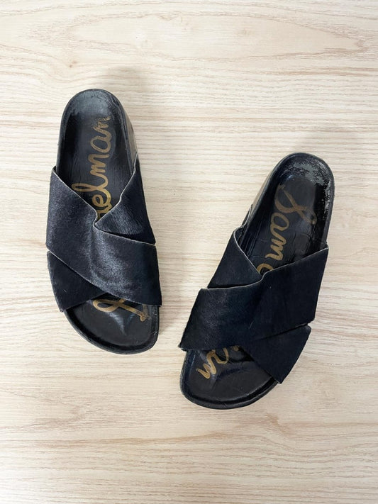 sam edelman adora calf hair criss cross leather sandal - good market thrift store