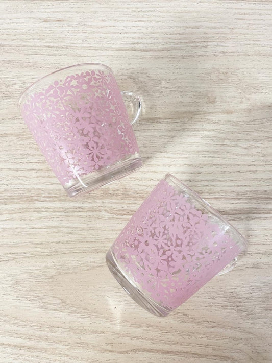 x2 vintage ikea godta pink flower clear mugs | made in France - good market thrift store