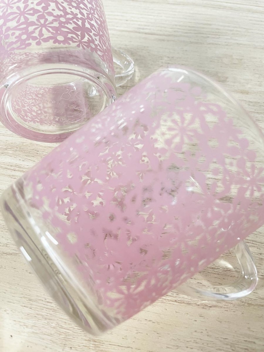 x2 vintage ikea godta pink flower clear mugs | made in France - good market thrift store