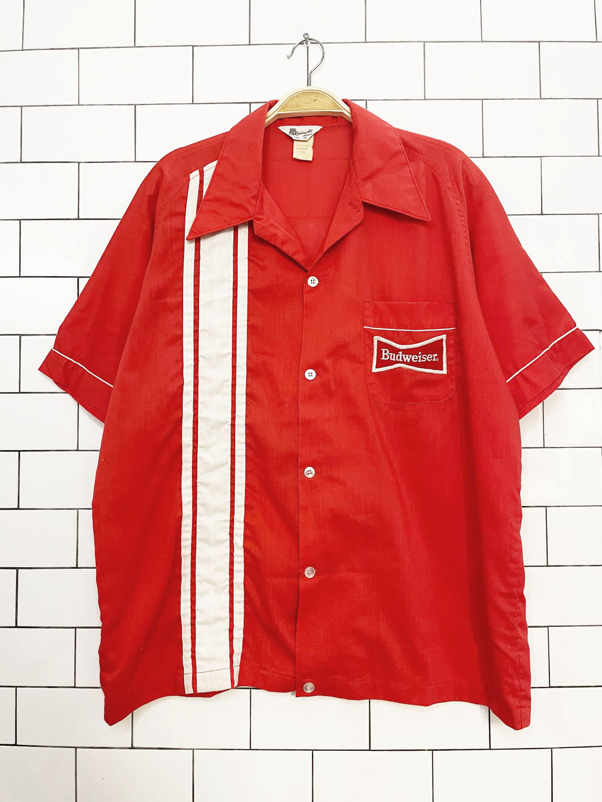 vintage 70s budweiser bowling stripe full button shirt | made in usa | swingster jackets