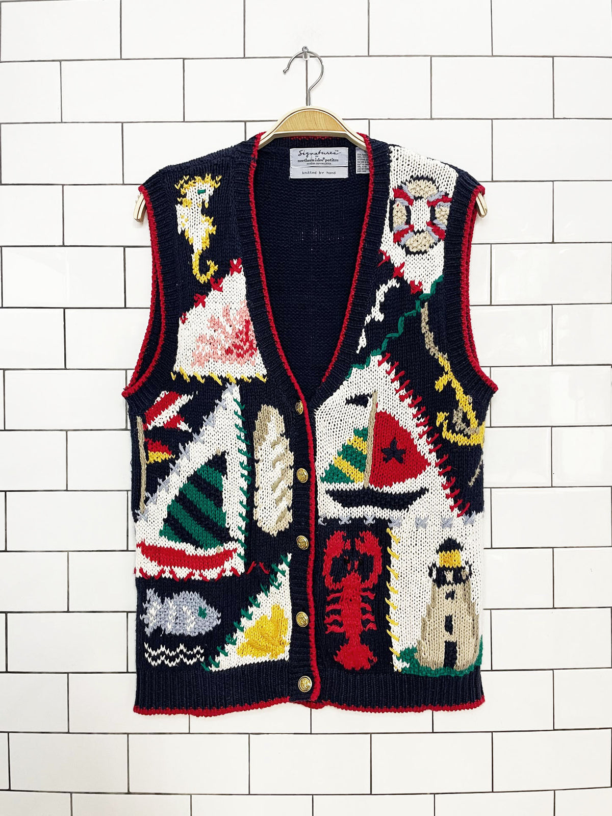 vintage northern isles ramie-blend hand-knit nautical vest
