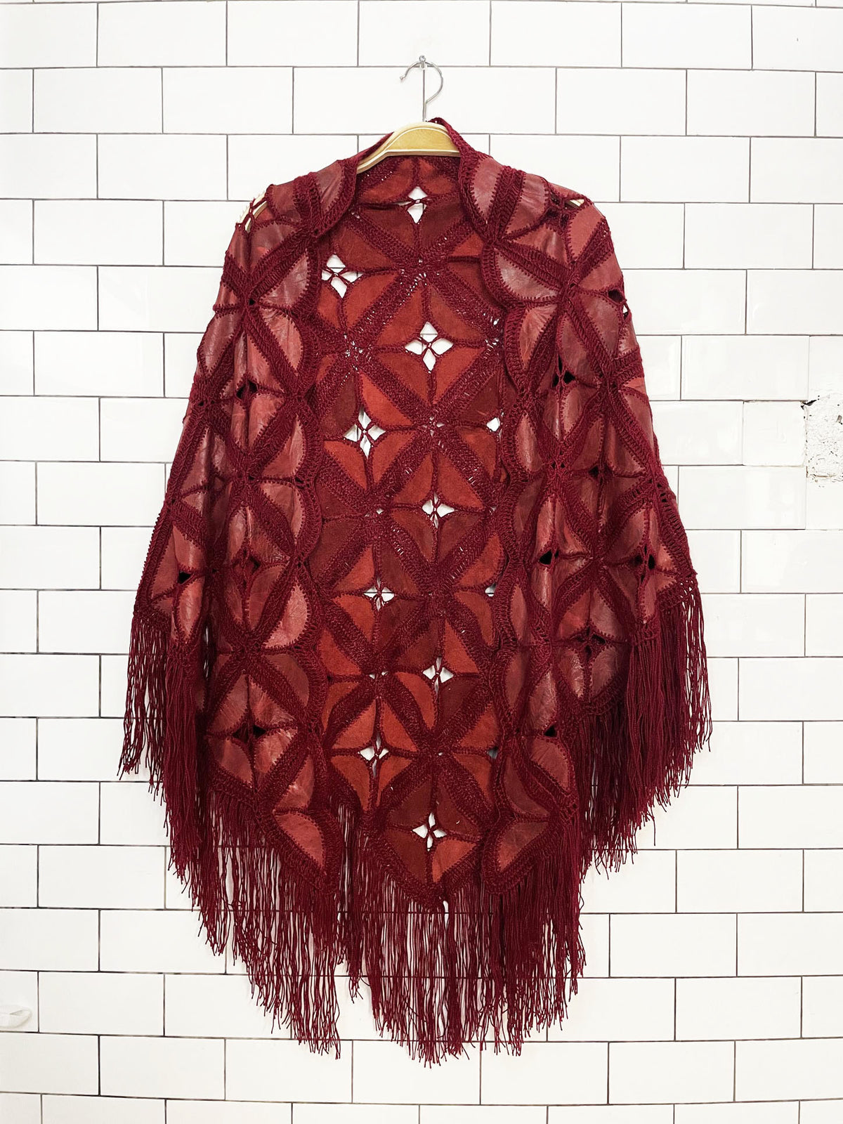 vintage 70s leather crochet knit granny square fringe shawl