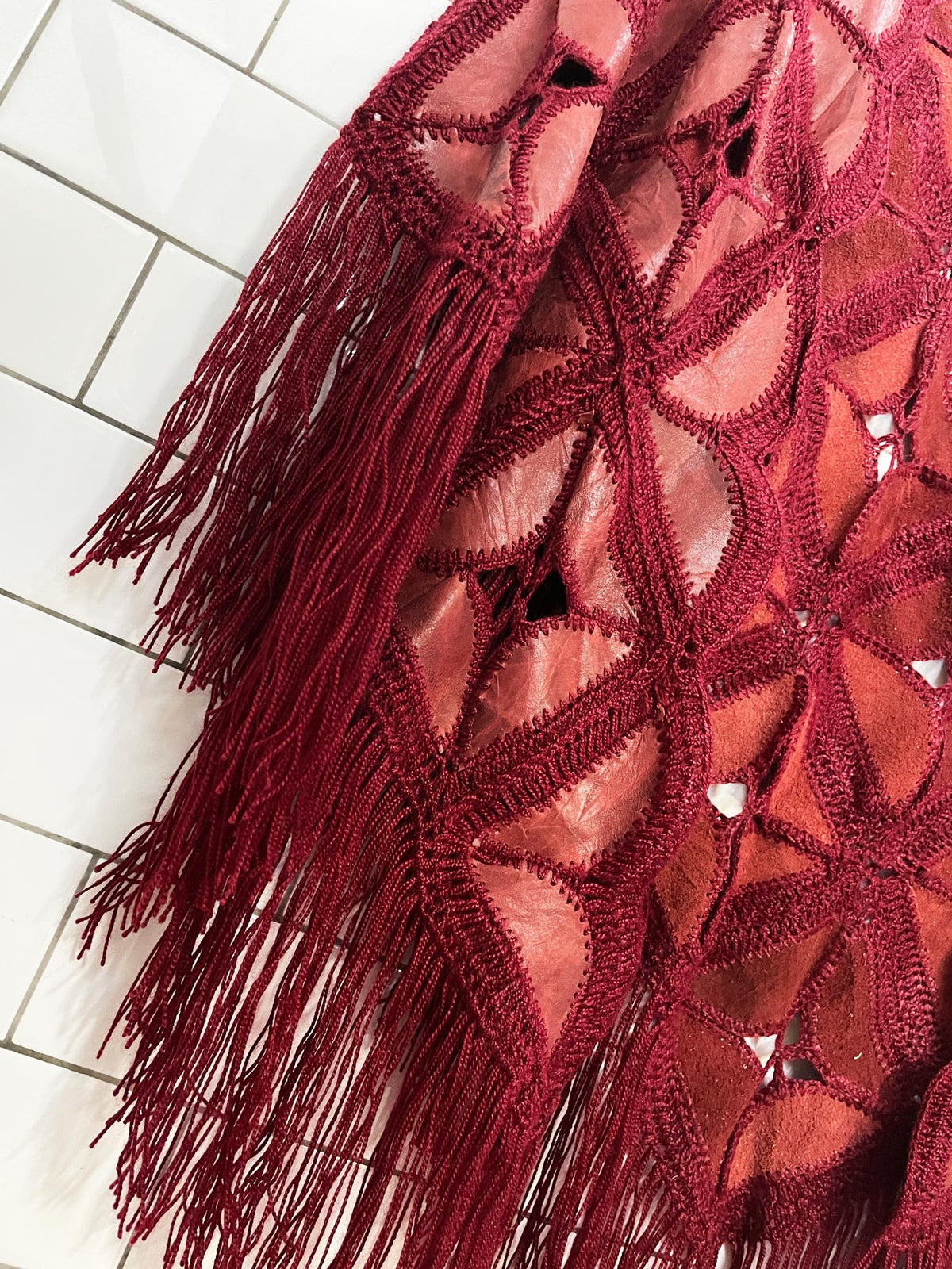 vintage 70s leather crochet knit granny square fringe shawl