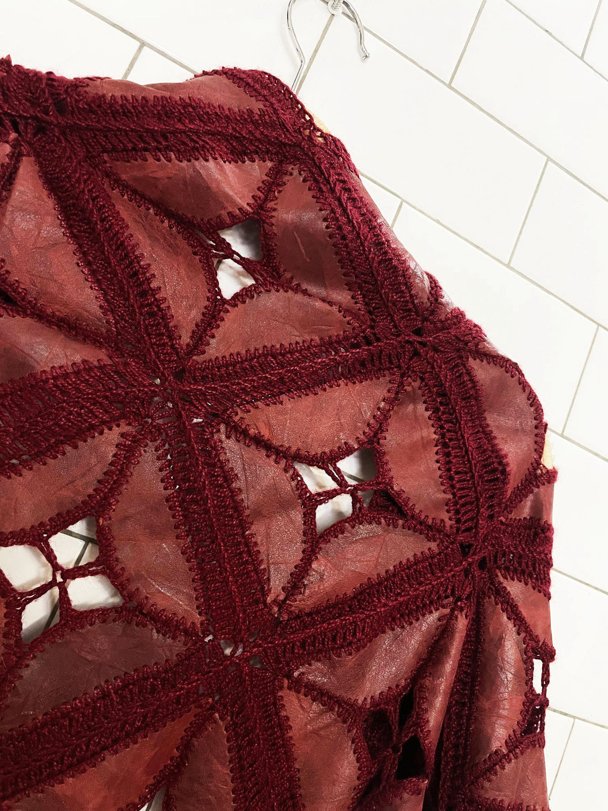 vintage 70s leather crochet knit granny square fringe shawl
