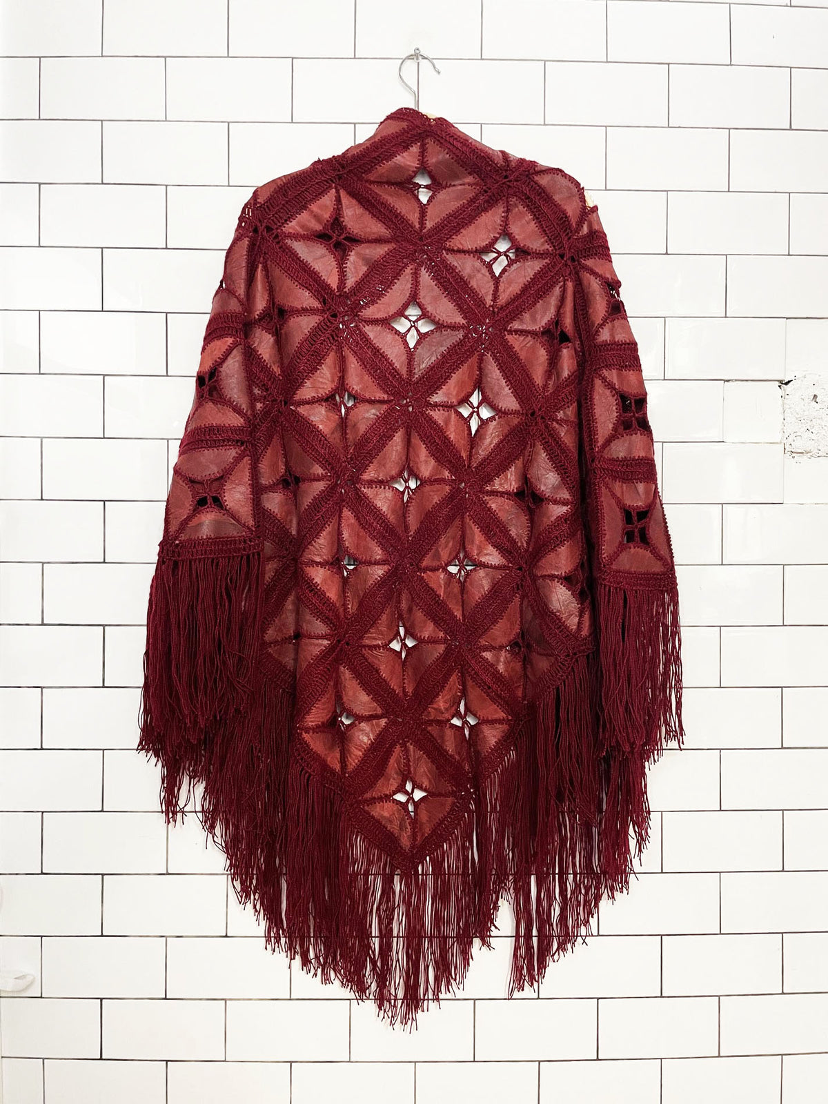 vintage 70s leather crochet knit granny square fringe shawl