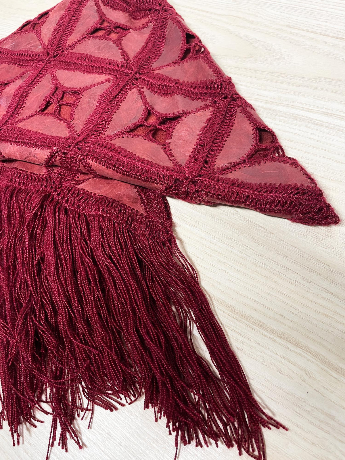 vintage 70s leather crochet knit granny square fringe shawl