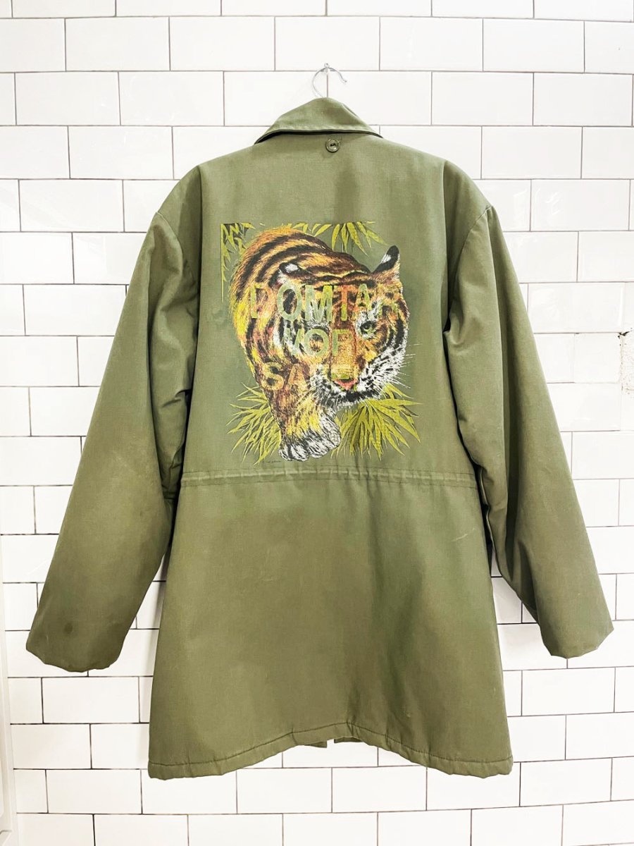 vintage surplus sherpa - lined hand - painted tiger army jacket | domtar | arctic - king - good market thrift store