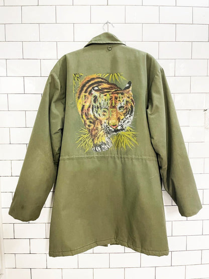 vintage surplus sherpa - lined hand - painted tiger army jacket | domtar | arctic - king - good market thrift store