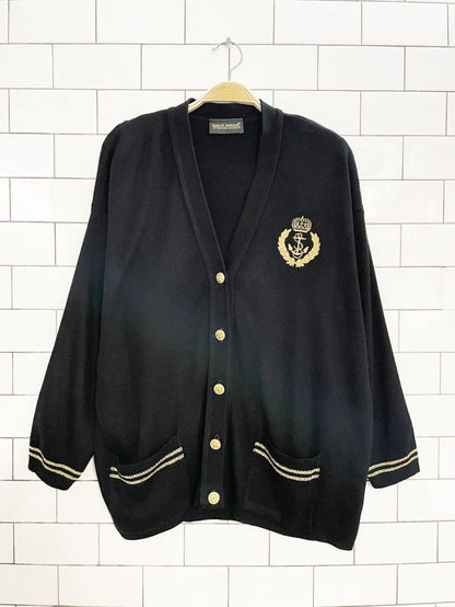 vintage 80s harvé bernard gold trim nautical knit cardigan - good market thrift store