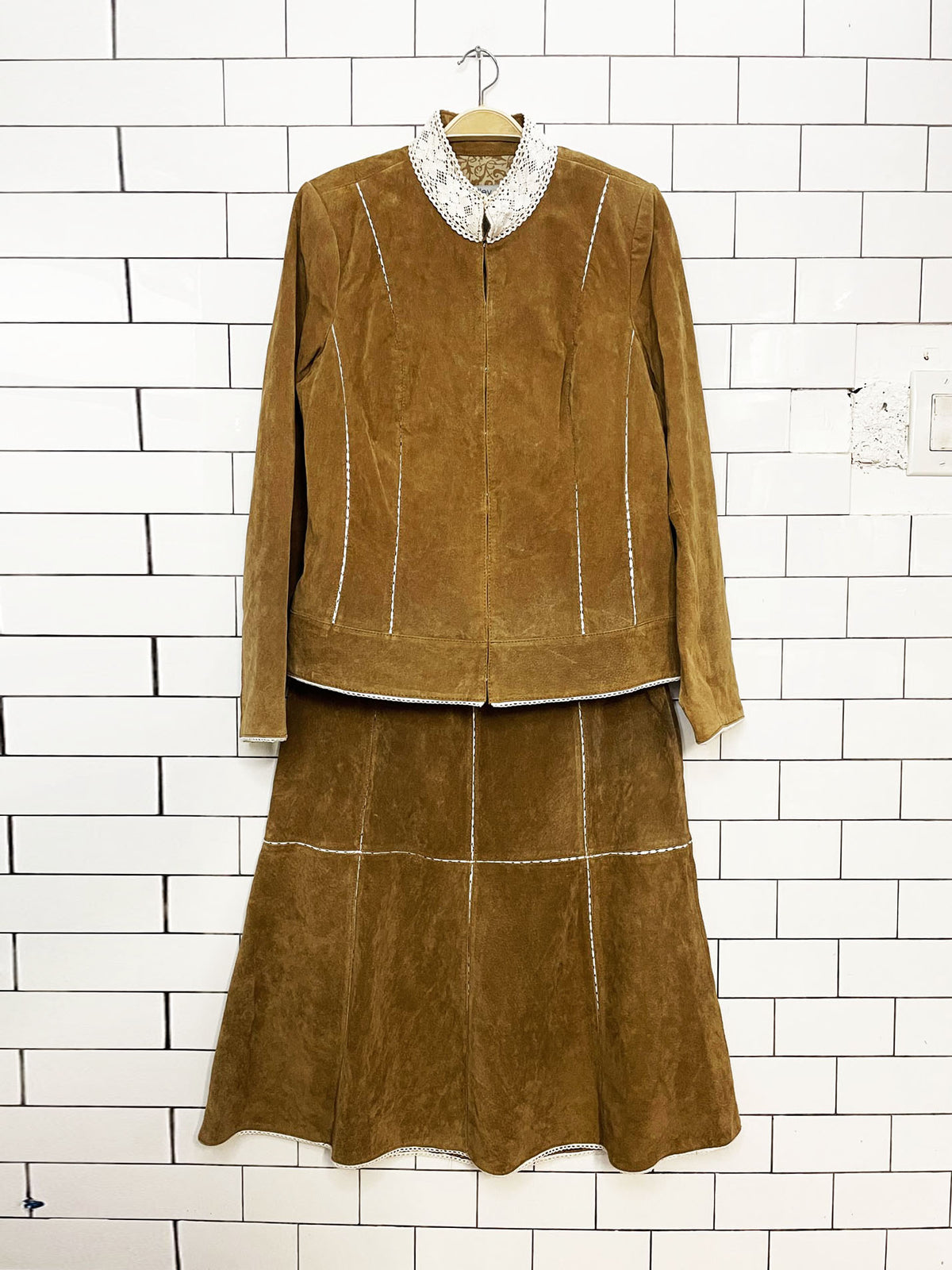 x2 vintage 00s bradley bayou suede crochet trim jacket + midi skirt | y2k