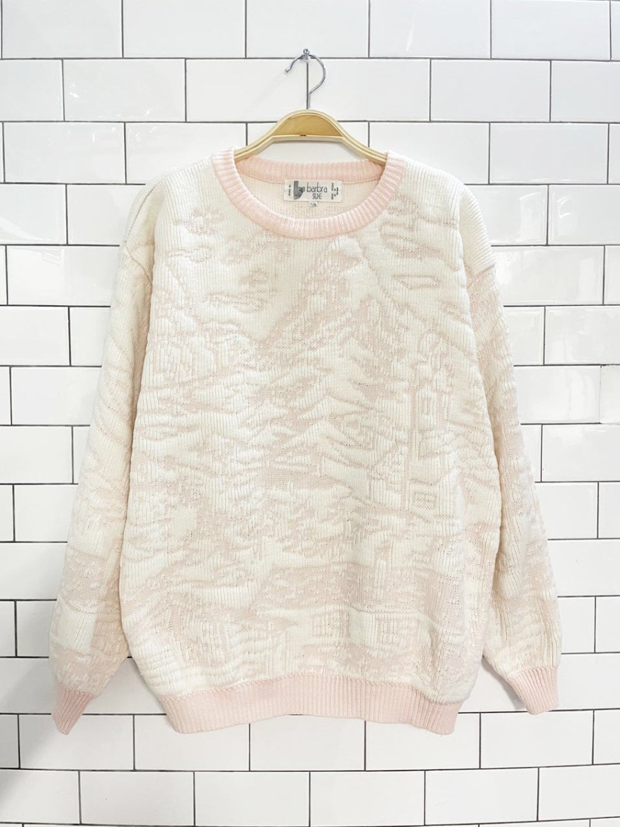 vintage 80s barbara sue winter cottage snow scene knit sweater - good market thrift store