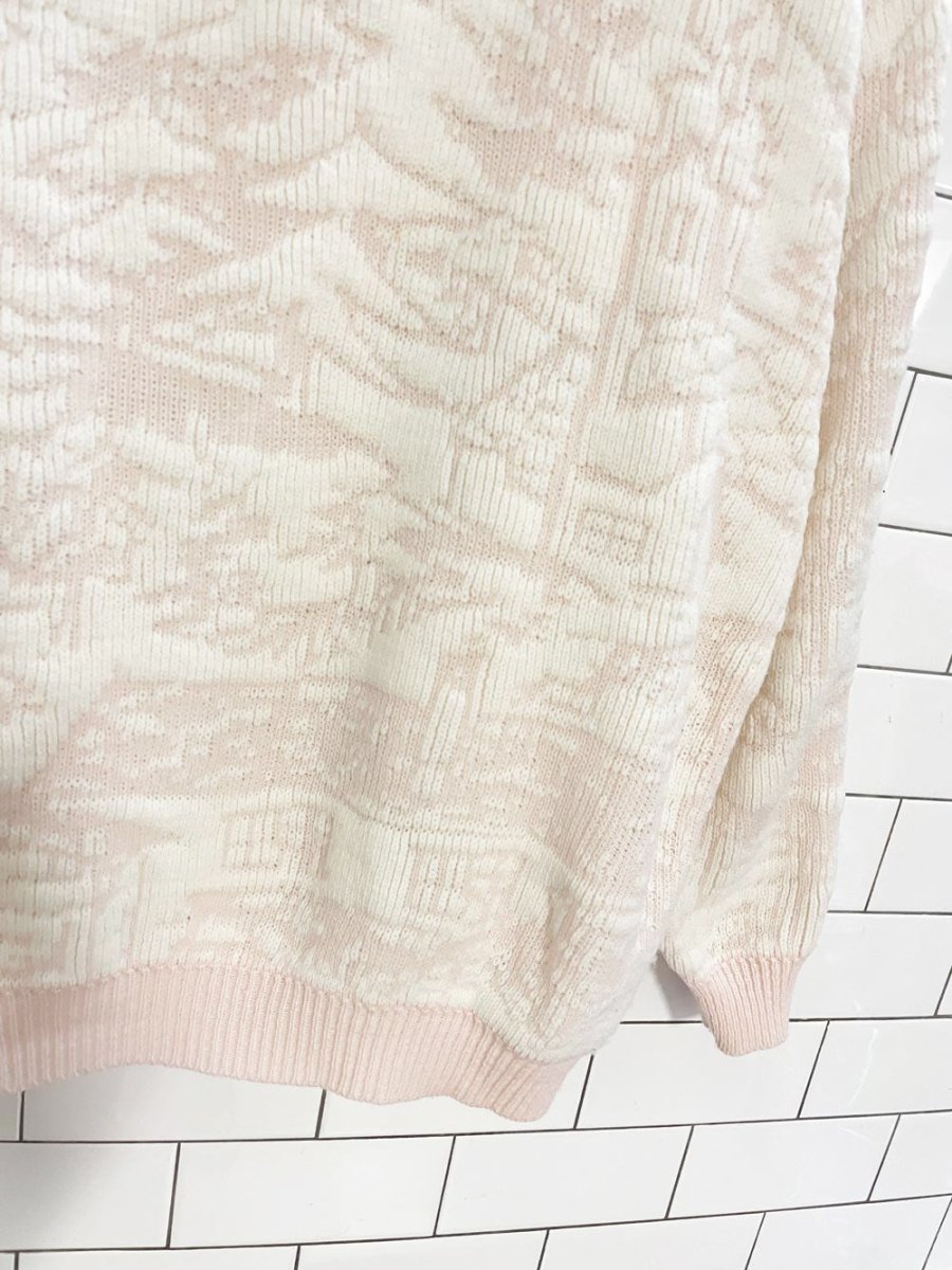 vintage 80s barbara sue winter cottage snow scene knit sweater - good market thrift store