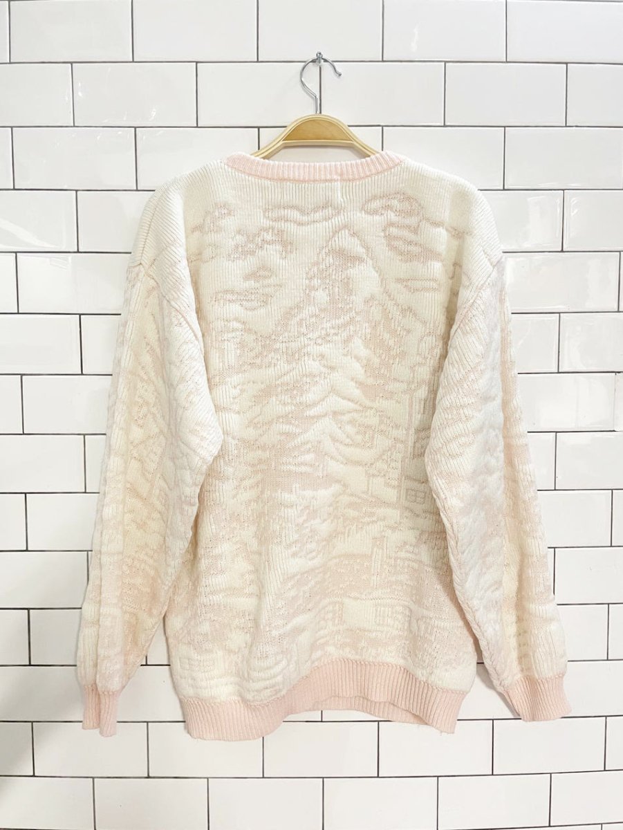 vintage 80s barbara sue winter cottage snow scene knit sweater - good market thrift store