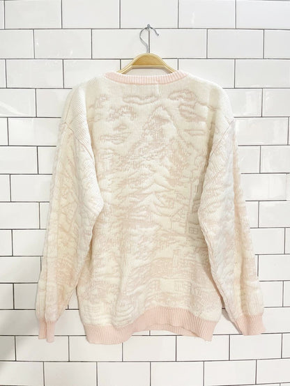 vintage 80s barbara sue winter cottage snow scene knit sweater - good market thrift store