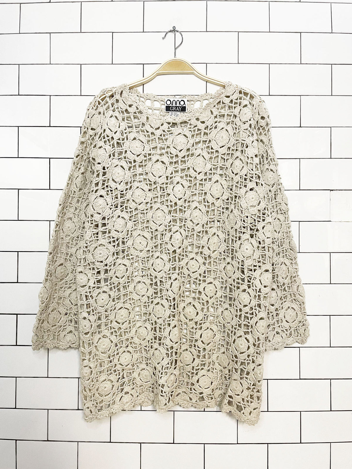 vintage anna gray silk-blend floral crochet knit top