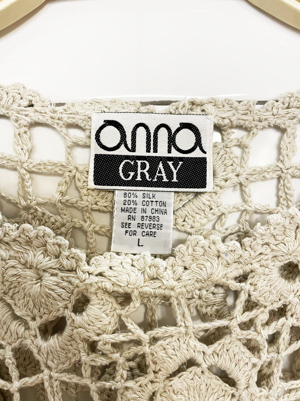 vintage anna gray silk-blend floral crochet knit top