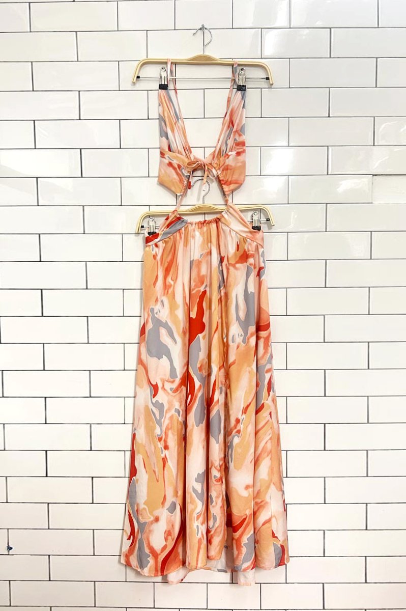 pastel ruched marble cut out midi dress - good market thrift store