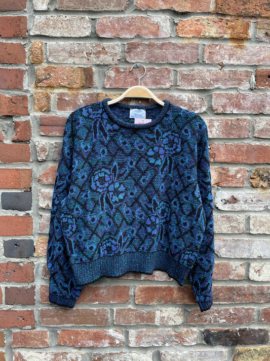 vintage dark argyle rose balloon cuff knit crew