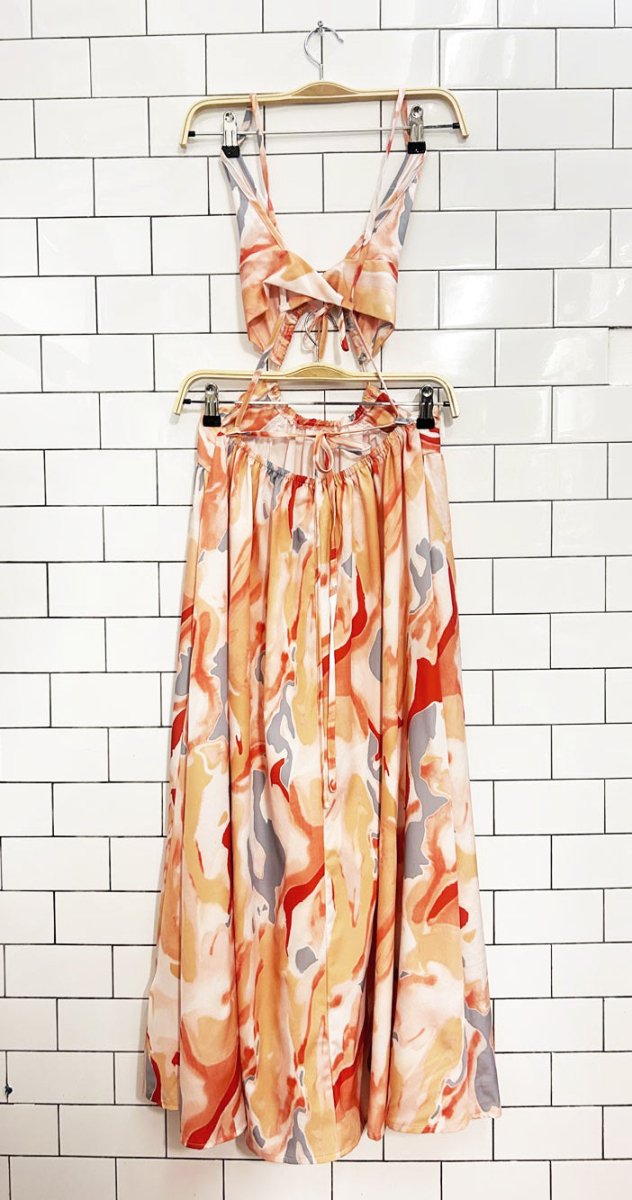 pastel ruched marble cut out midi dress - good market thrift store