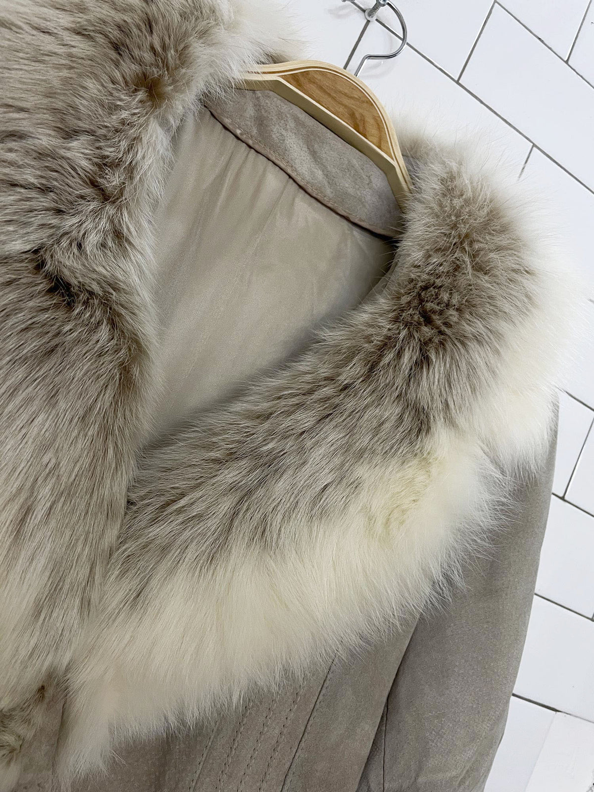 vintage olympic fox fur collar suede belted penny lane coat