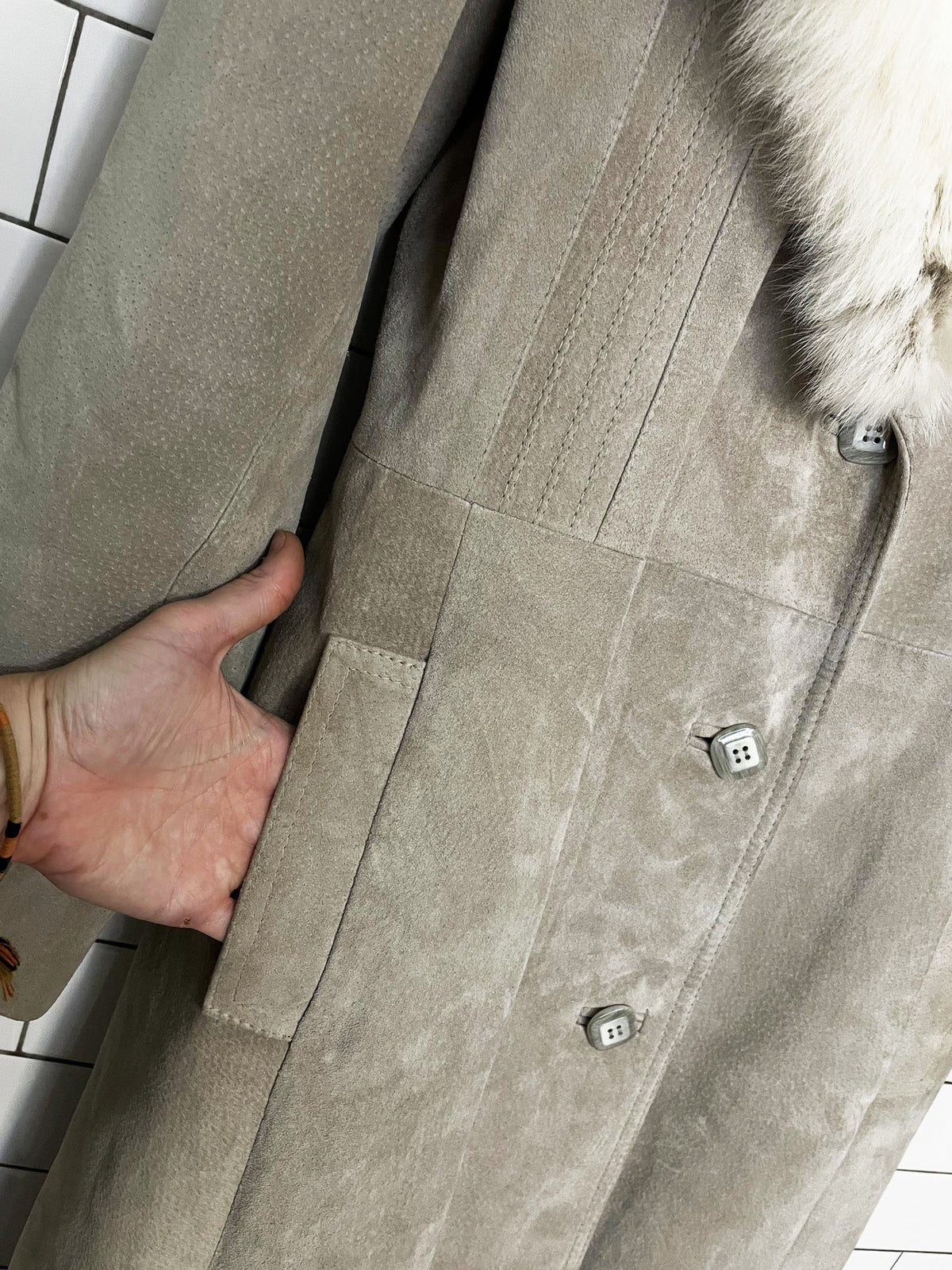 vintage olympic fox fur collar suede belted penny lane coat