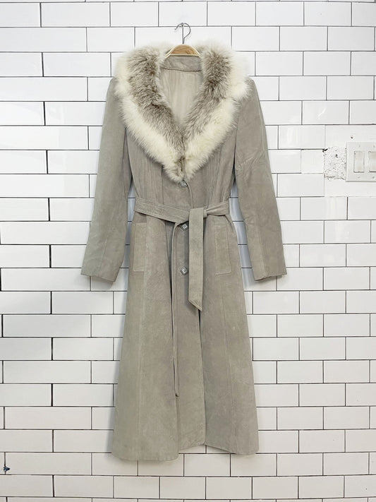 vintage olympic fox fur collar suede belted penny lane coat