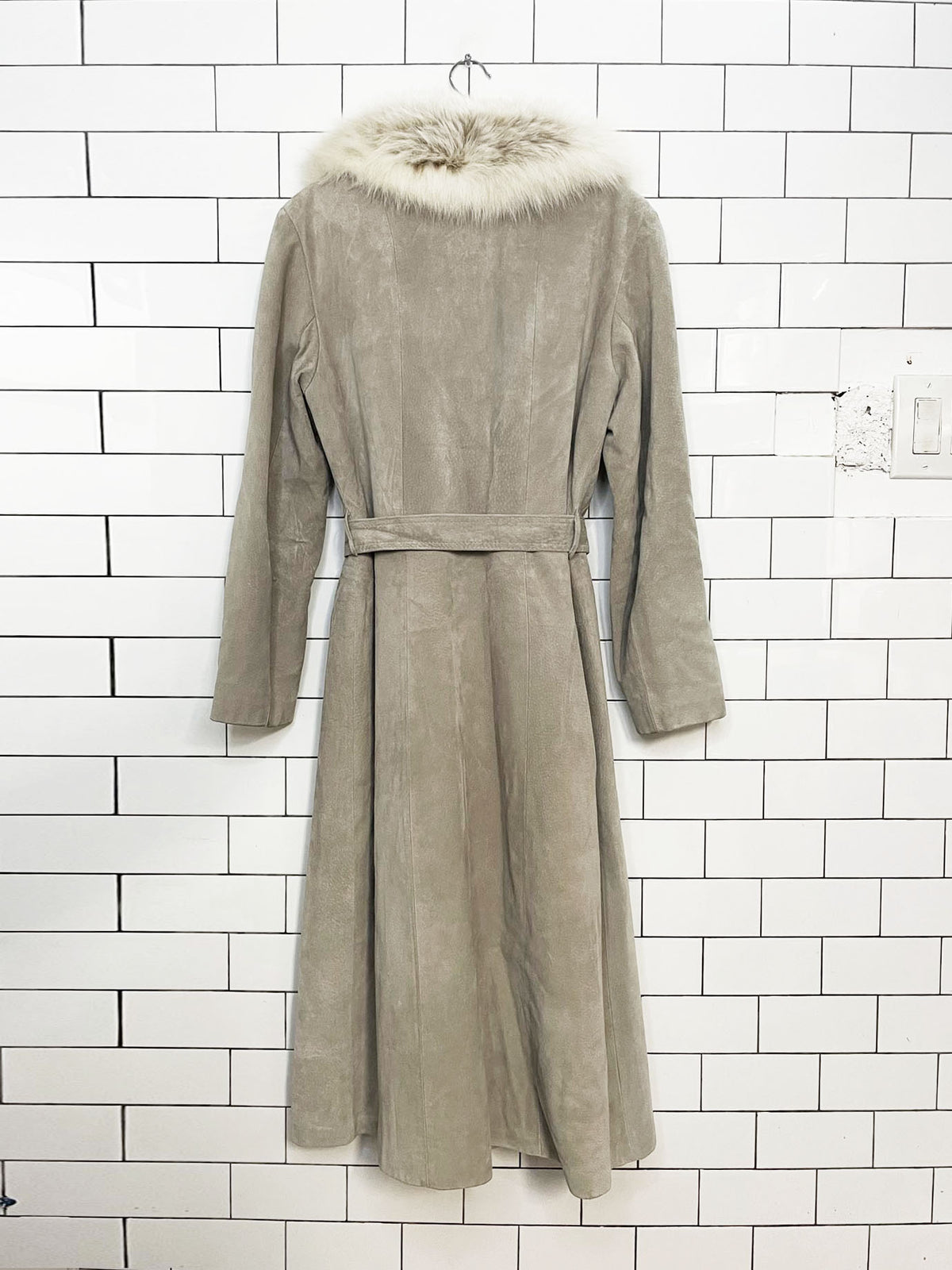 vintage olympic fox fur collar suede belted penny lane coat