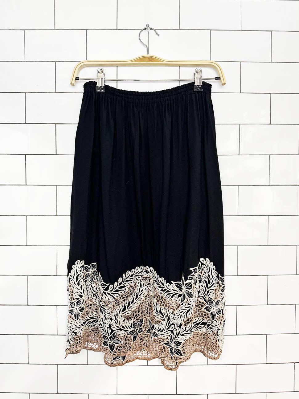 vintage boho embroidered crochet hem midi skirt