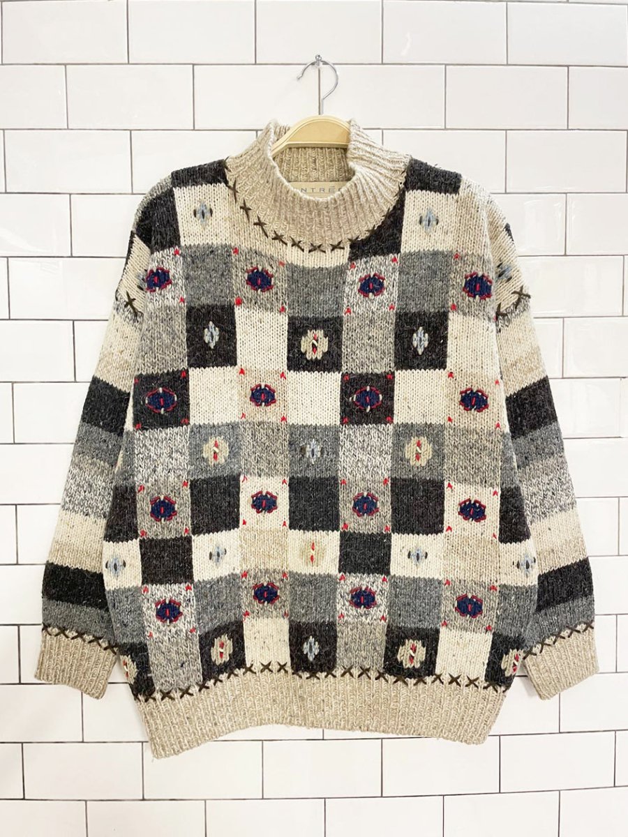 vintage entrée wool - blend checkerboard rustic knit sweater - good market thrift store