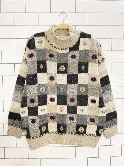 vintage entrée wool - blend checkerboard rustic knit sweater - good market thrift store